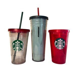 Starbucks 24 Oz Light Blue Diamond Pattern Tumbler With Lid & Red Straw